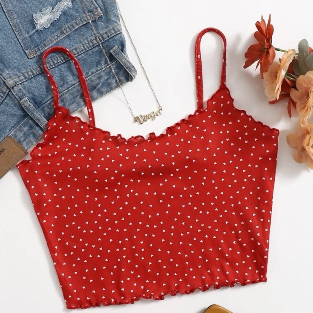All over Heart Print Rib Knit Cami Top